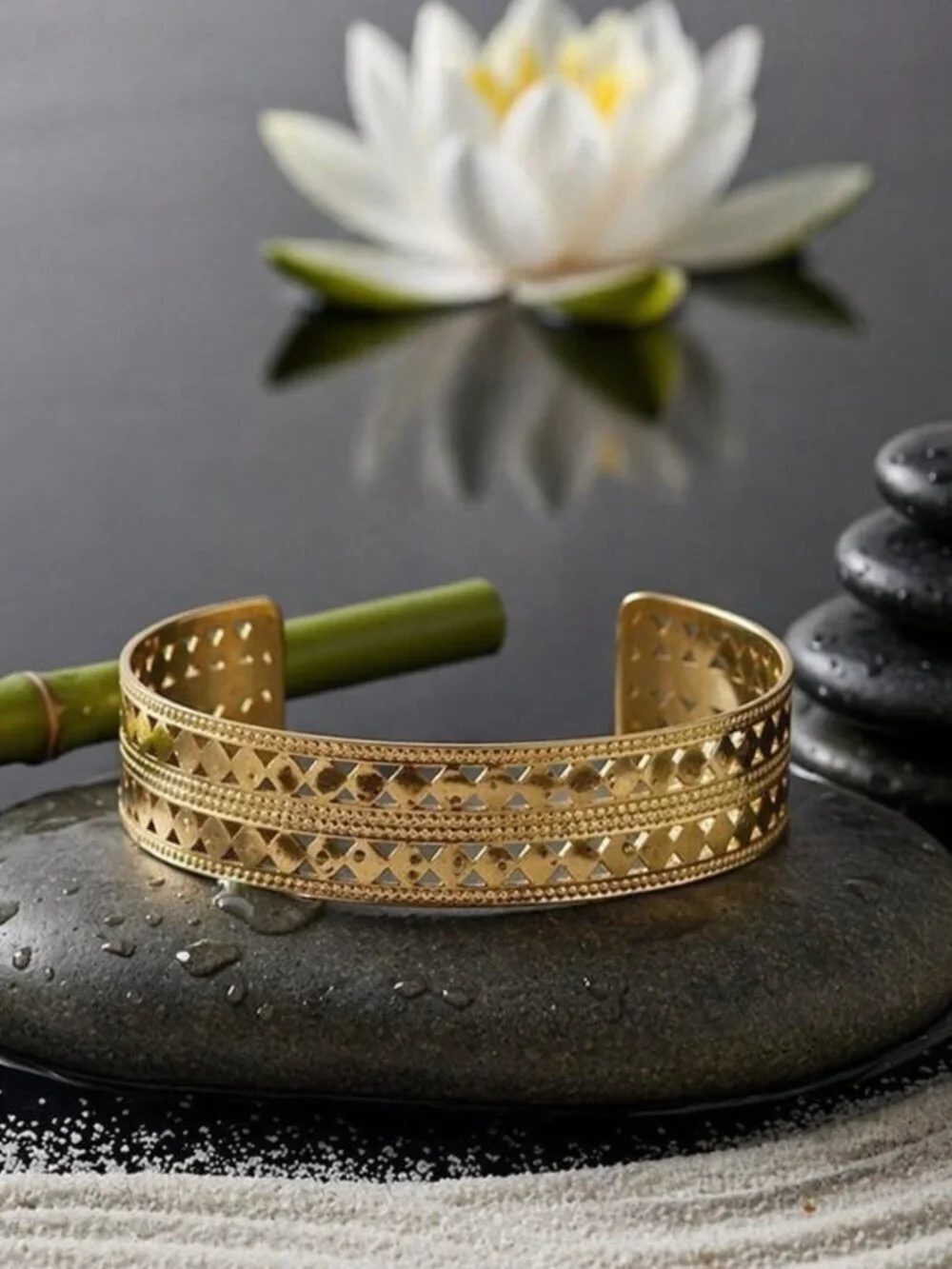 18K Gold Plated Stainless Steel Wide Geometric Cutout Cuff Bracelet Adjustable